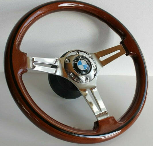 Steering wheel fits For BMW Used custom rebuld wood chrome 350mm wooden classic vintage hand rebuilded For E24 E28 E30 E32 E34 1986-1992