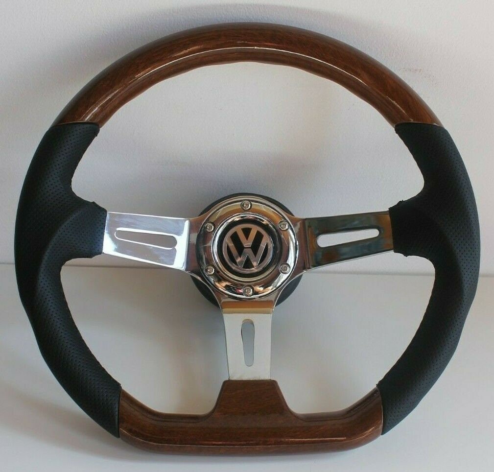 Steering wheel fits For VW Used custom rebuld wood chrome Flat classic vintage hand rebuilded For Beetle  1200 1300 1302 1303 1600 1970-1979