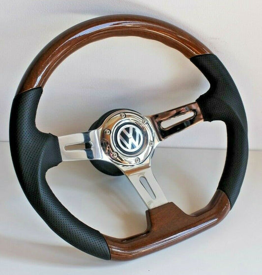 Steering wheel fits For VW Used custom rebuld wood black leather vintage hand rebuilded Bus For T4 caravelle Multyvan Transporter 95-03