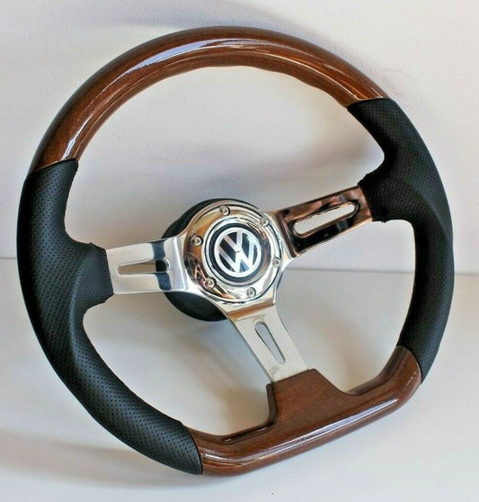 Steering wheel fits For VW Used custom rebuld wood black leather 350mm wooden hand rebuilded For Mk1 Mk2 Golf Jetta Scirocco Caddy 78-88'