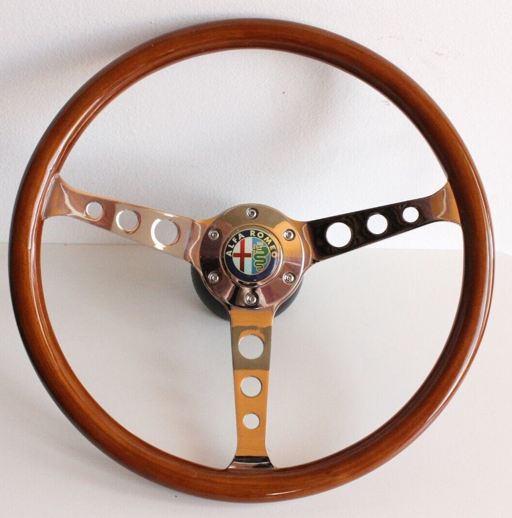 Steering wheel fits For Alfa Romeo Used custom rebuild Chrome silver  Wood 380mm Remanufactored by hand For Alfetta Gulietta GTV 6 GTV 2000