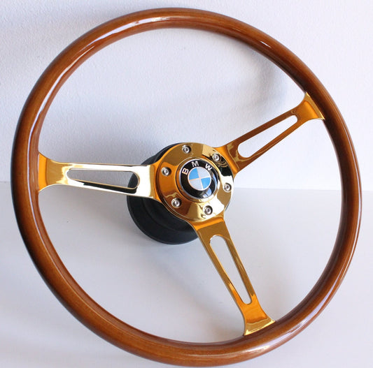 Steering wheel fits For BMW Used custom rebuld wood chrome golden 380mm classic vintage hand rebuilded For E24 E28 E30 E32 E34 1986-1992