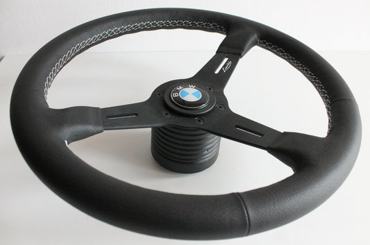 Steering wheel fits For BMW Black Leather 370mm Handmade OEM Luisi Made in Italy E24 E28 E30 E32 E34 1986-1992