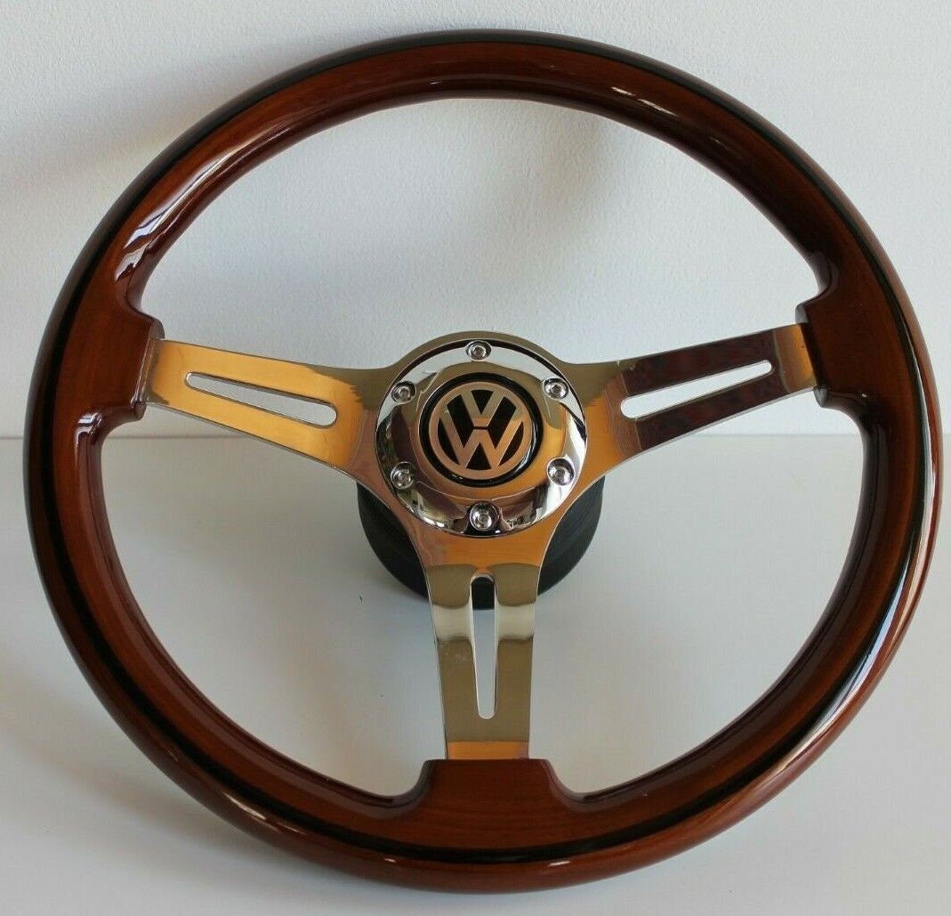 Steering wheel fits for VW Used custom rebuld wood chrome 350mm vintage hand rebuilded  Bus T25 T3 caravelle Vanagon Transporter 80-97'