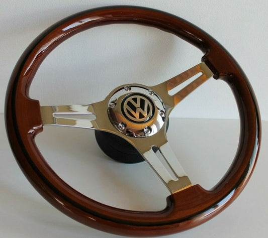 Steering wheel fits For VW Used custom rebuld wood chrome spokes 350mm wooden vintage hand rebuilded For Bus T1 Bus Transporter 1950-1967