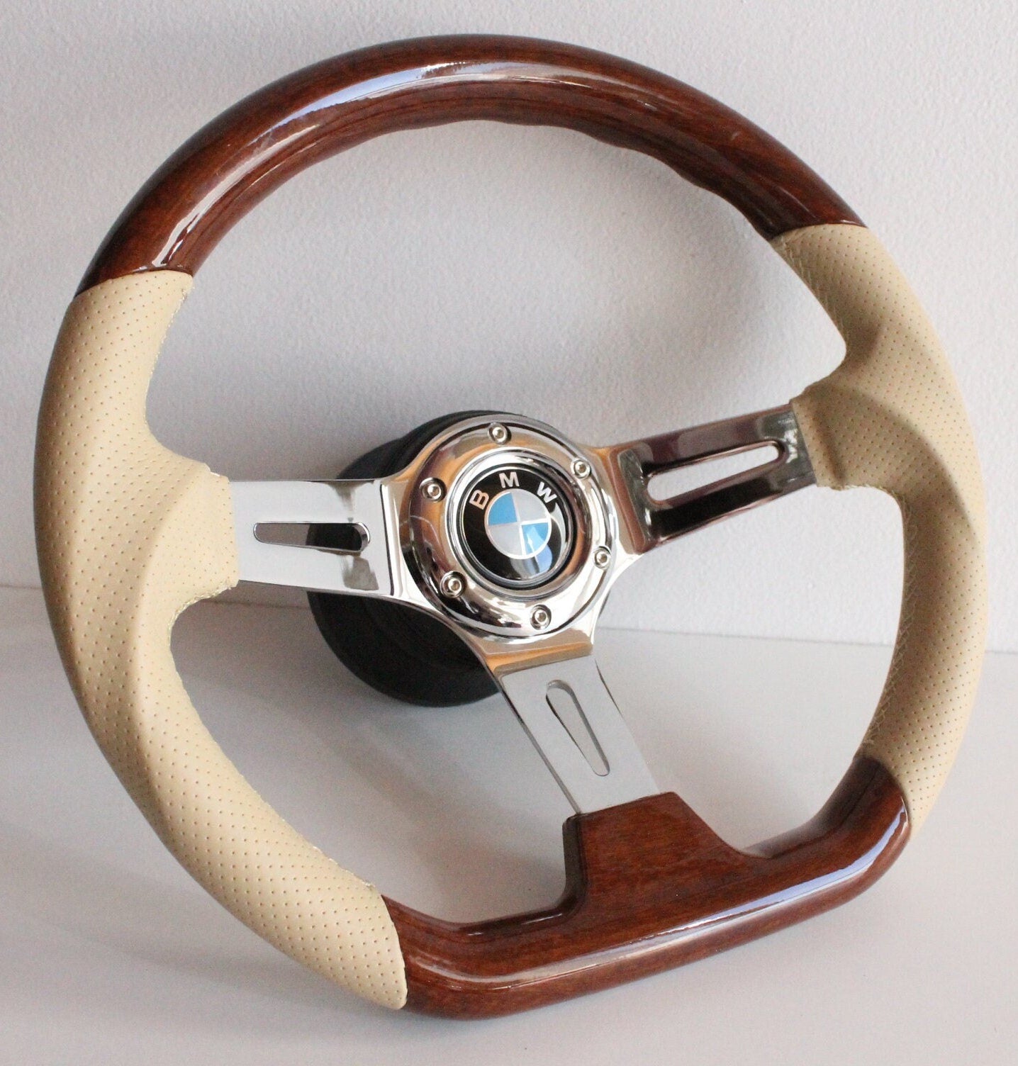 Steering wheel fits for BMW custom rebuld wood Beige leather 350mm Sport hand rebuilded Flat bottom for E31 E34 E36 Z3 E38 E39 850i 92-98'