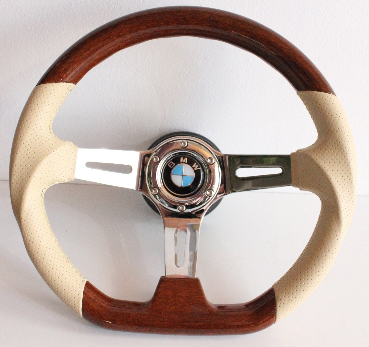 Steering wheel fits for BMW custom rebuld wood Beige leather 350mm Sport hand rebuilded Flat bottom for E31 E34 E36 Z3 E38 E39 850i 92-98'