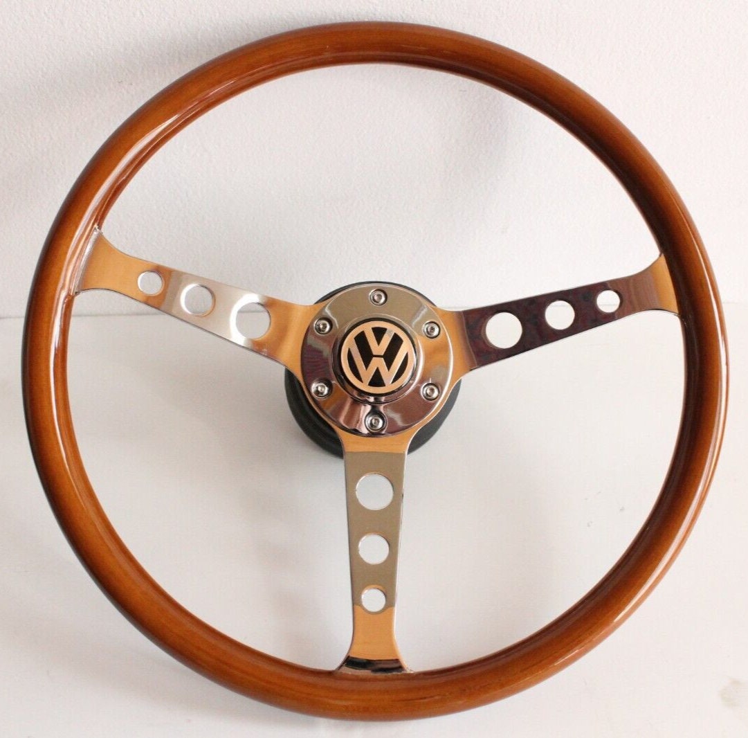 Steering wheel fits For VW Used custom rebuld wood chrome spokes 380mm wooden vintage hand rebuilded  Bus T2 Transporter Westfalia 1968-1972