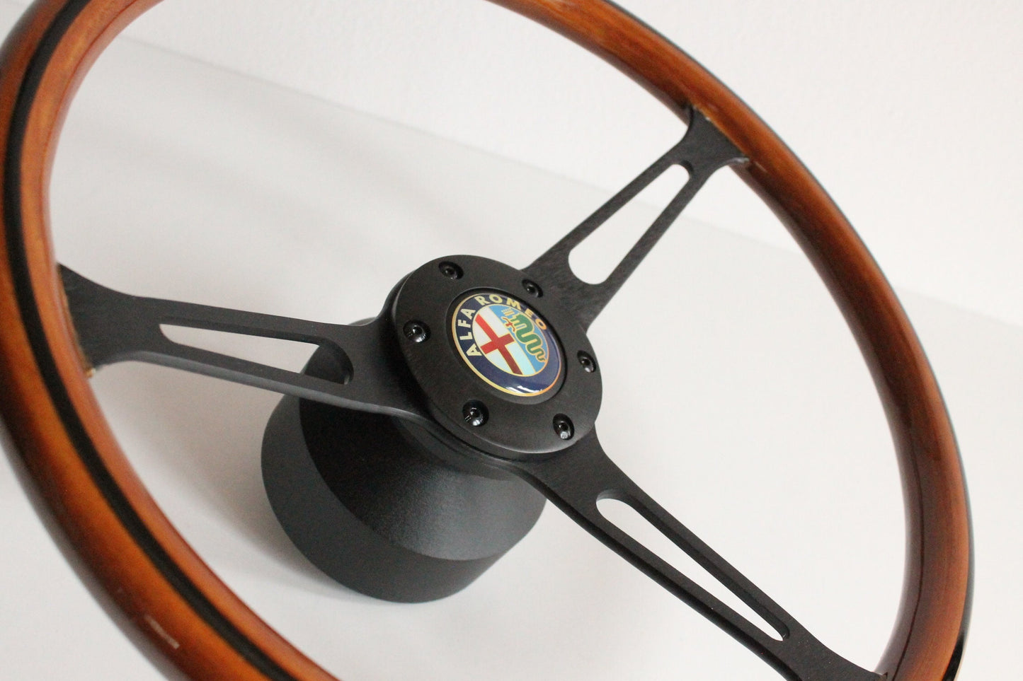 Steering wheel fits for Alfa Romeo SPIDER  Used custom rebuild  Wood Black spokes 380mm Wooden Remanufactored  by hand  1990-1994