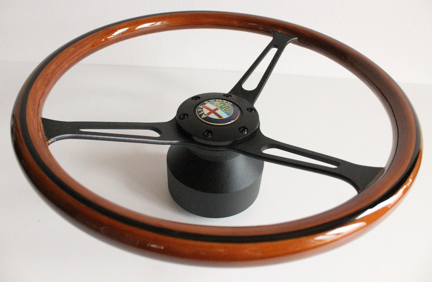 Steering wheel fits For Alfa Romeo Used For SPIDER custom rebuild  Wood Black spokes 380mm Wooden Remanufactored  by hand  1990-1994