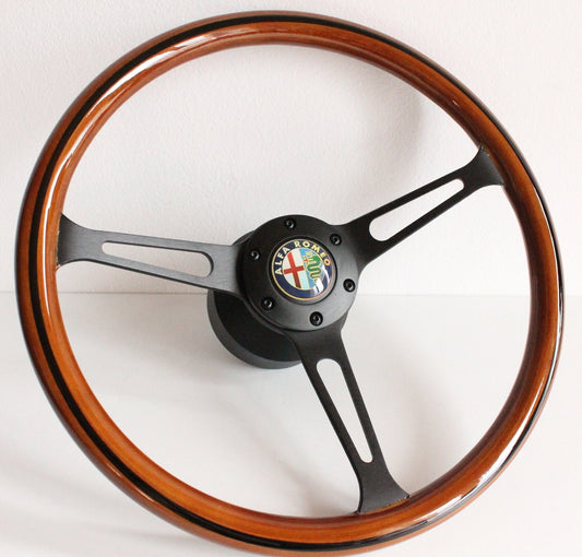 Steering wheel fits For Alfa Romeo Used For 164 33 75 90 1987- 1993 custom rebuild  Wood 380mm Wooden  black spokes Remanufactored  by hand