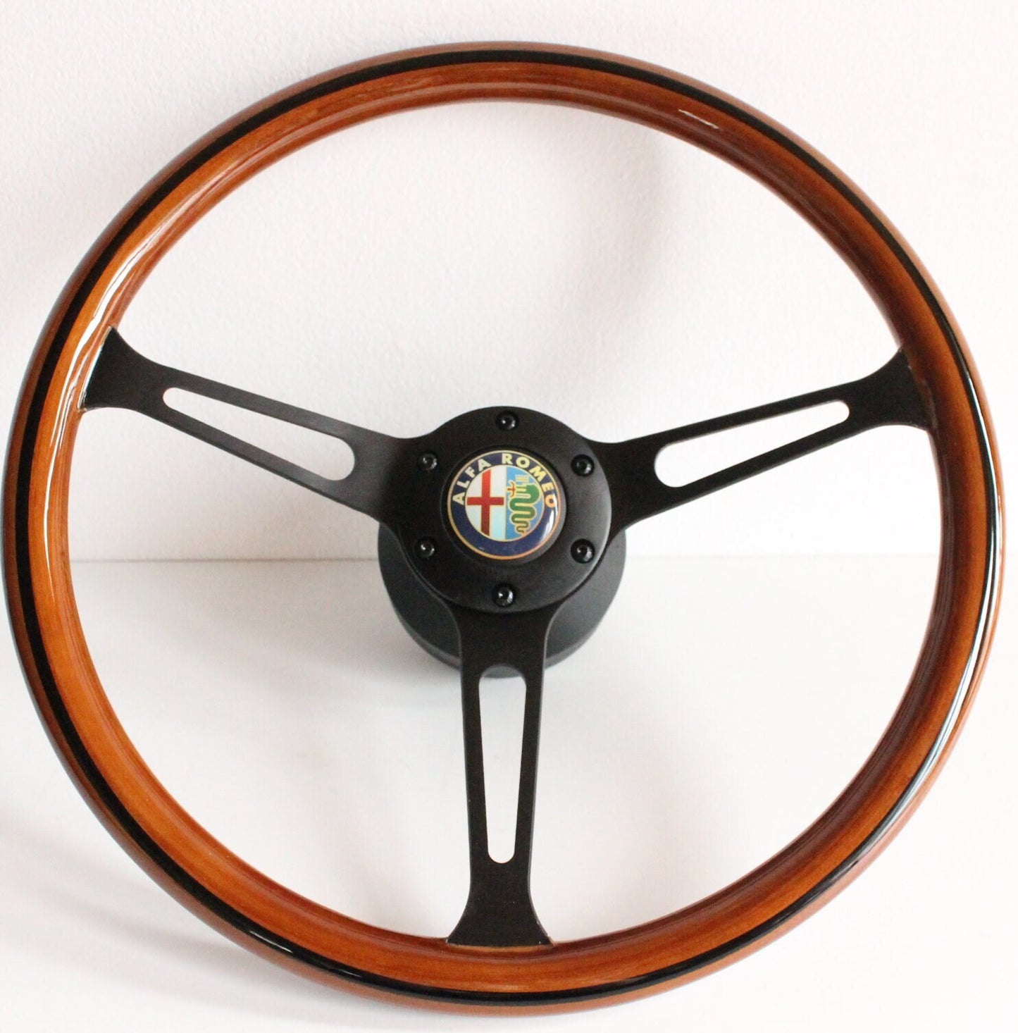 Steering wheel fits For Alfa Romeo Used For SPIDER custom rebuild  Wood Black spokes 380mm Wooden Remanufactored  by hand  1990-1994