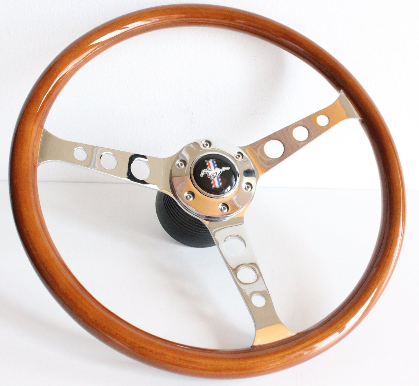 Steering wheel fits For Ford Bronco Thunderbird Mustang F150 F250 F350 custom rebuld wood chromed spokes 380mm wooden vintage hand rebuilded