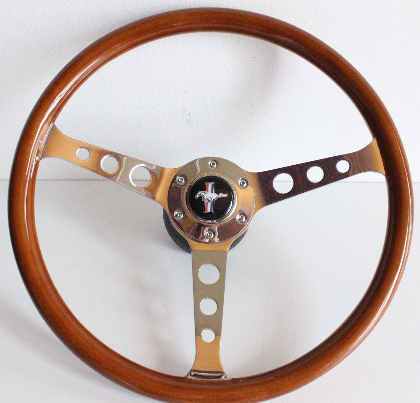 Steering wheel fits For Ford Bronco Thunderbird Mustang F150 F250 F350 custom rebuld wood chromed spokes 380mm wooden vintage hand rebuilded