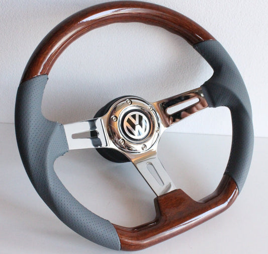 Steering wheel fits For VW Used  custom rebuld wood Grey leather 350mm wooden classic vintage hand rebuilded For Golf Jetta Mk4  Passat B5