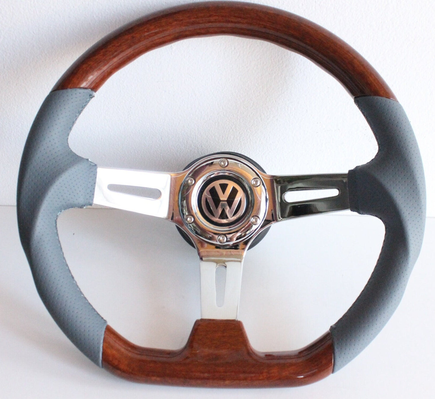 Steering wheel fits For VW Used  custom rebuld wood Grey leather 350mm wooden classic vintage hand rebuilded For Golf Jetta Mk4  Passat B5