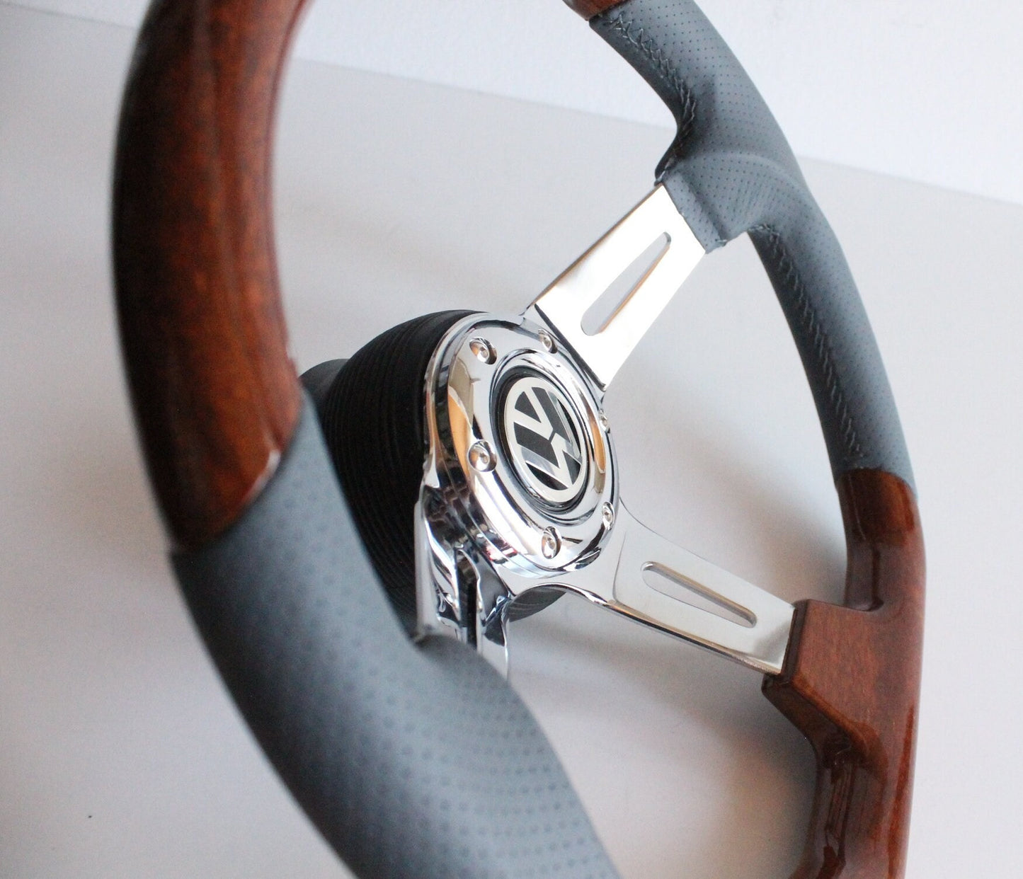 Steering wheel fits For VW Used custom rebuld wood Grey leather 350mm hand rebuilded For  Golf Jetta Mk5 Passat Touran Caddy Polo EOS 03-10'