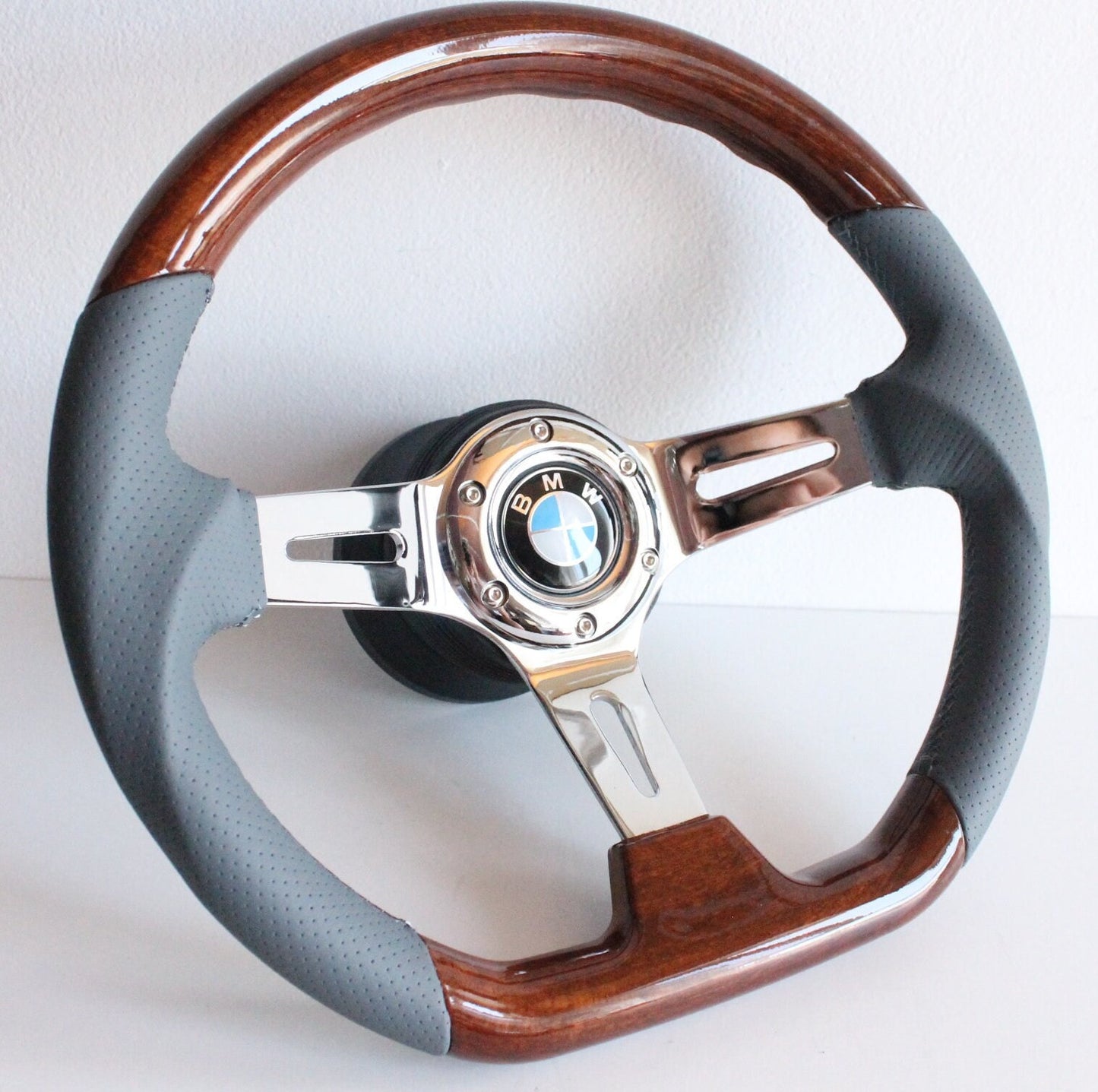 Steering wheel fits For BMW Used custom rebuld wood 350mm  Sport hand rebuilded Flat bottom Grey Leather E81 E82 E87 E90 E91 E92 E93 04-08'