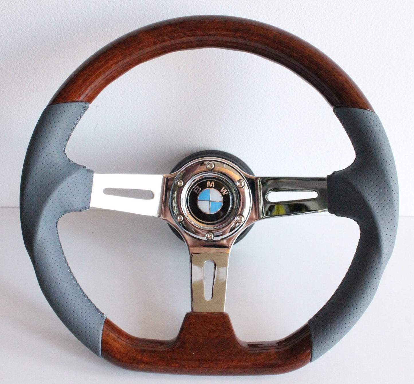 Steering wheel fits For BMW Used custom rebuld wood 350mm  Sport hand rebuilded Flat bottom Grey Leather E81 E82 E87 E90 E91 E92 E93 04-08'