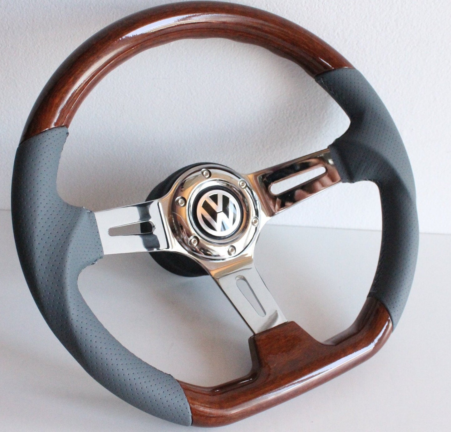 Steering wheel fits For VW Used custom rebuld wood Grey leather 350mm hand rebuilded For  Golf Jetta Mk5 Passat Touran Caddy Polo EOS 03-10'