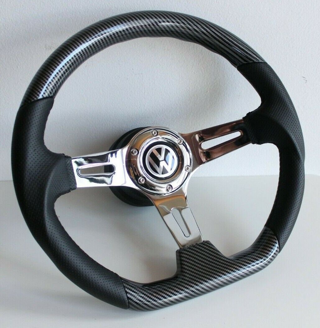 Steering wheel fits For VW Used custom rebuld carbon look black leather 350mm  vintage hand rebuilded For 6x70MM PCD No Hub adapter included