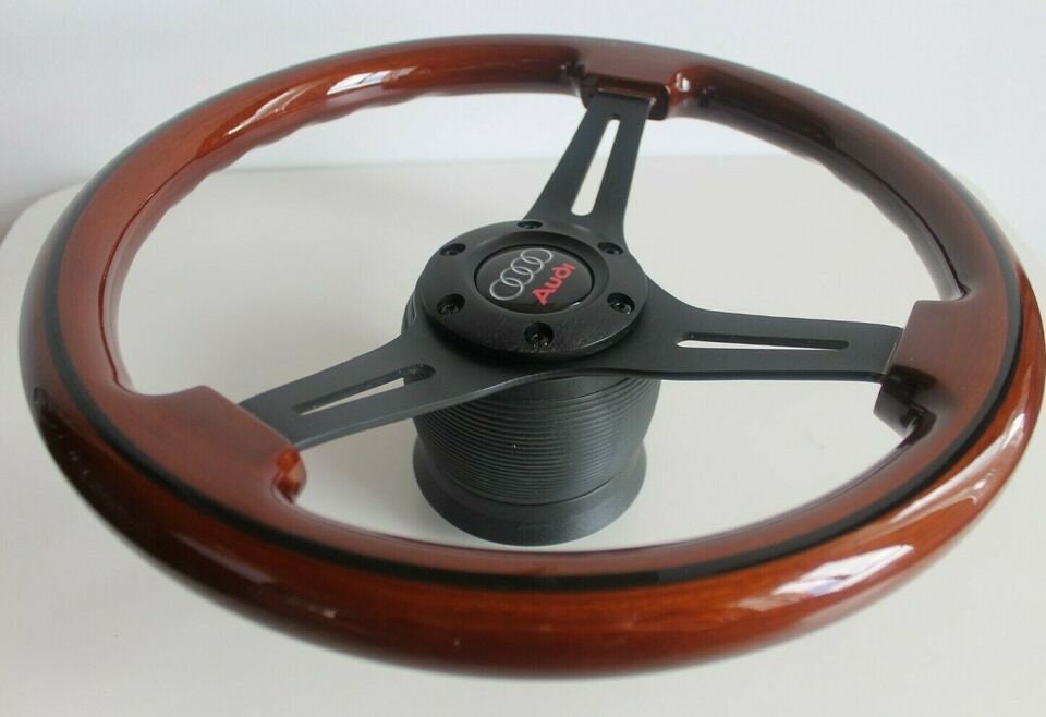 Steering wheel fits For AUDI Used custom rebuld wood black spokes 350mm  classic vintage hand rebuilded For 80 90 100 B3 B4 S2 RS2 1986-1995