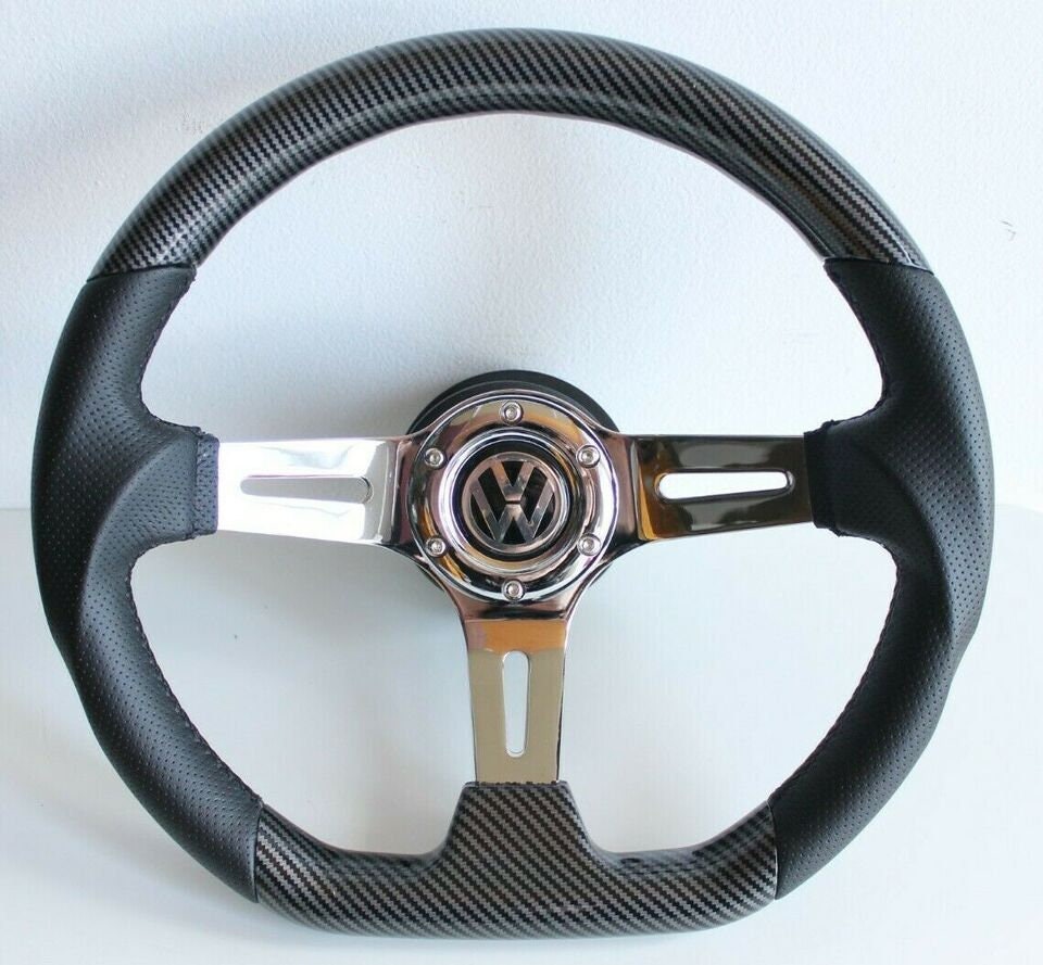 Steering wheel fits For VW Used custom rebuld carbon look black leather 350mm  vintage hand rebuilded For 6x70MM PCD No Hub adapter included