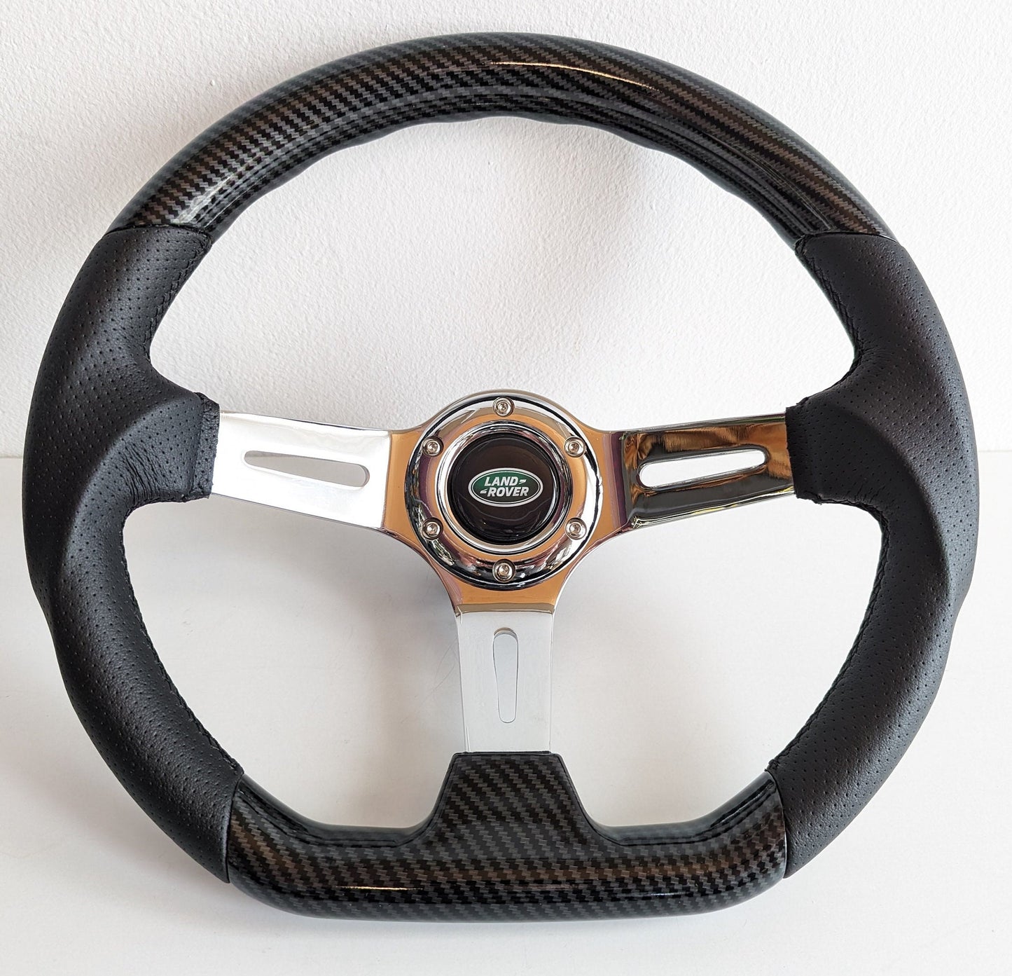 Steering wheel fits For Land Range Rover 1970 - 1983  Used custom rebuilded Carbon look effect flat bottom Sport small 350mm