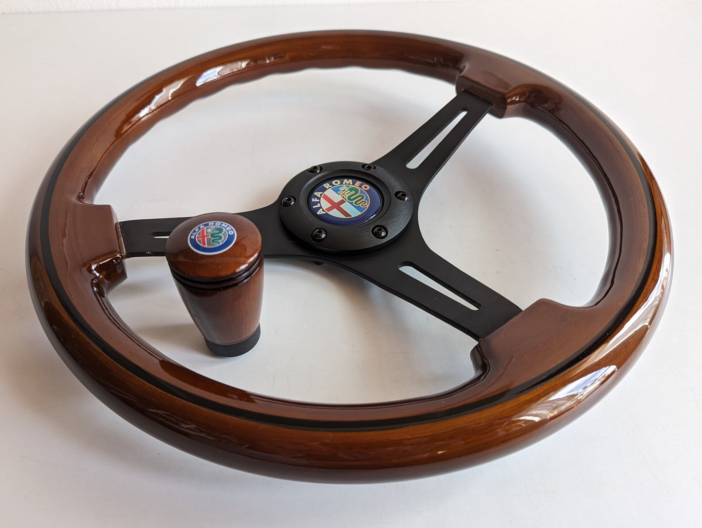 Steering wheel + Gear knob fits For Alfa Romeo Used custom rebuild Wood Wooden Remanufactored  by hand No hub adapter