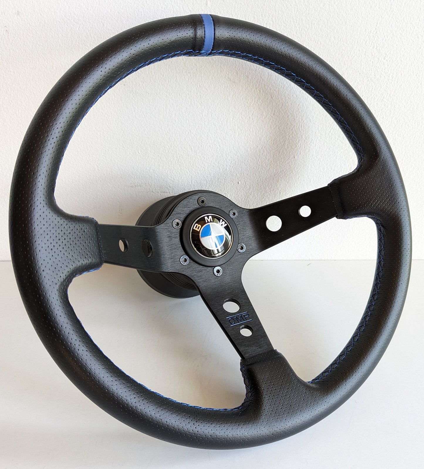 Steering wheel custom rebuild perforated leather Blue Red Yellow Green stitching hand rebuilded Deep Dish No hub adapter