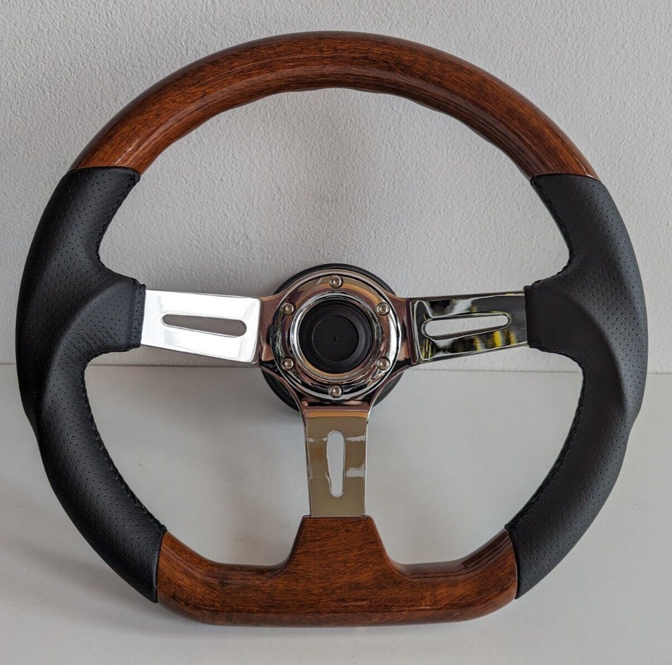 Steering wheel used Flat bottom Ergonomic Wood Chrome Black Leather 350mm fits for Mercedes Benz W123 W124 W126 W201 R107