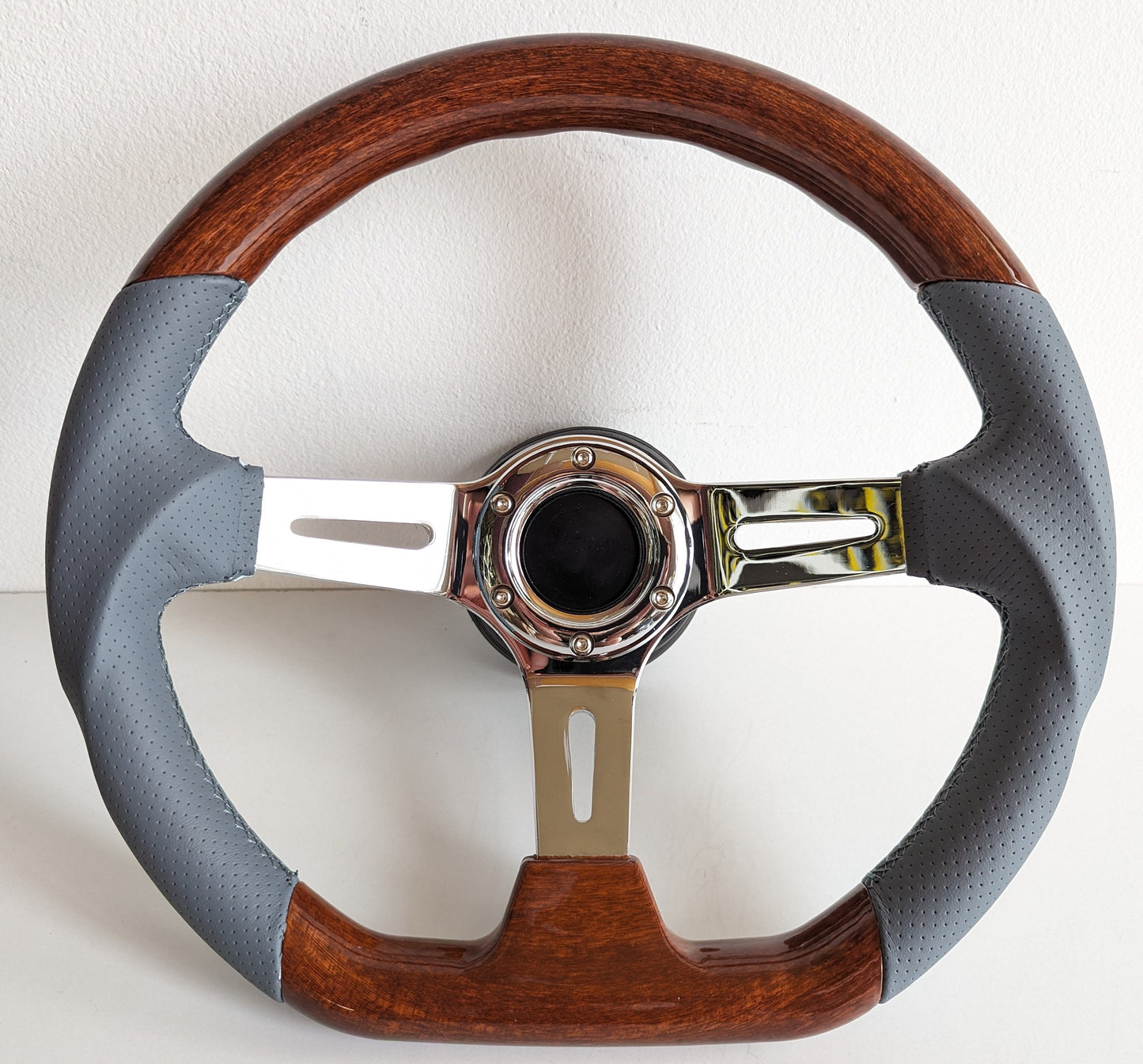 Steering wheel used Flat bottom Ergonomic Wood Chrome Grey Leather 350mm fits for Mercedes Benz W123 W124 W126 W201 r107