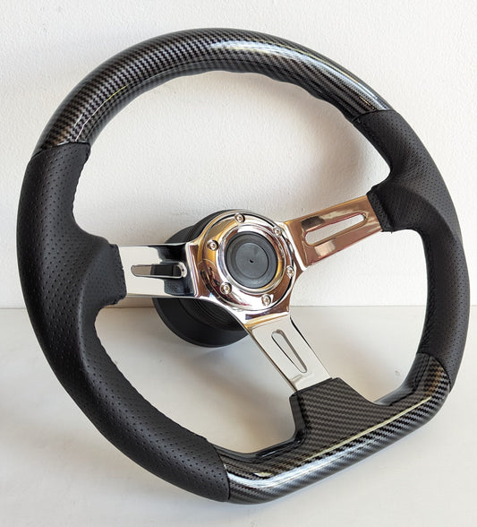 Steering wheel used Flat bottom Ergonomic Wood Carbon effect Chrome Black Leather 350mm fits for Suzuki Samurai Vitara Santana