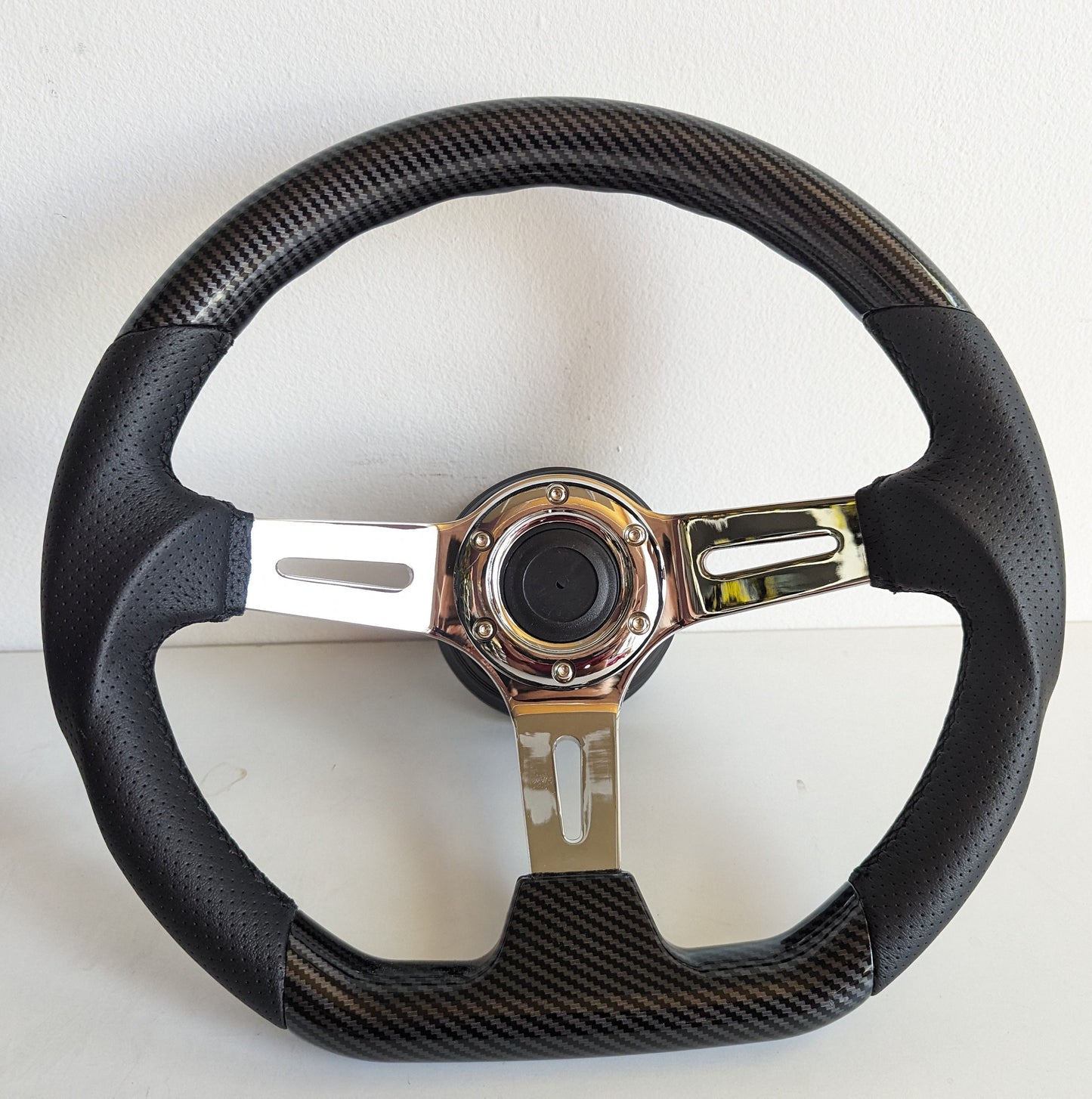 Steering wheel used Flat bottom Ergonomic Wood Carbon effect Chrome Black Leather 350mm fits for Mercedes Benz W123 W124 W126 W201 R107